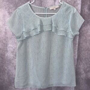 LOFT Women Small Blue Chiffon Ruffle Polka Dot Style Oversized Blouse